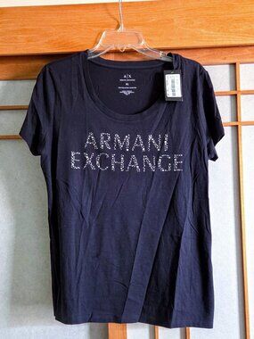 A|X Armani Exchange sz L/XL Cotton Embellished T-shirt Top Navy Sparkle Design